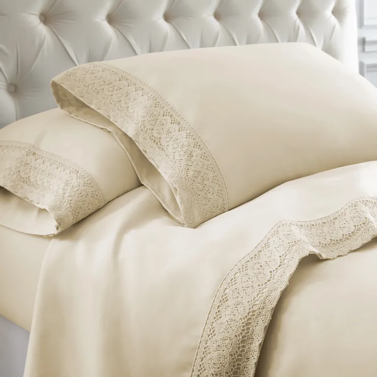 Udine 4 Piece California King Size Sheet Set with Crochet Lace The Urban Port Photo 1
