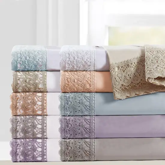 Udine 4 Piece Full Size Microfiber Sheet Set with Crochet Lace The Urban Port, Cream Photo 3