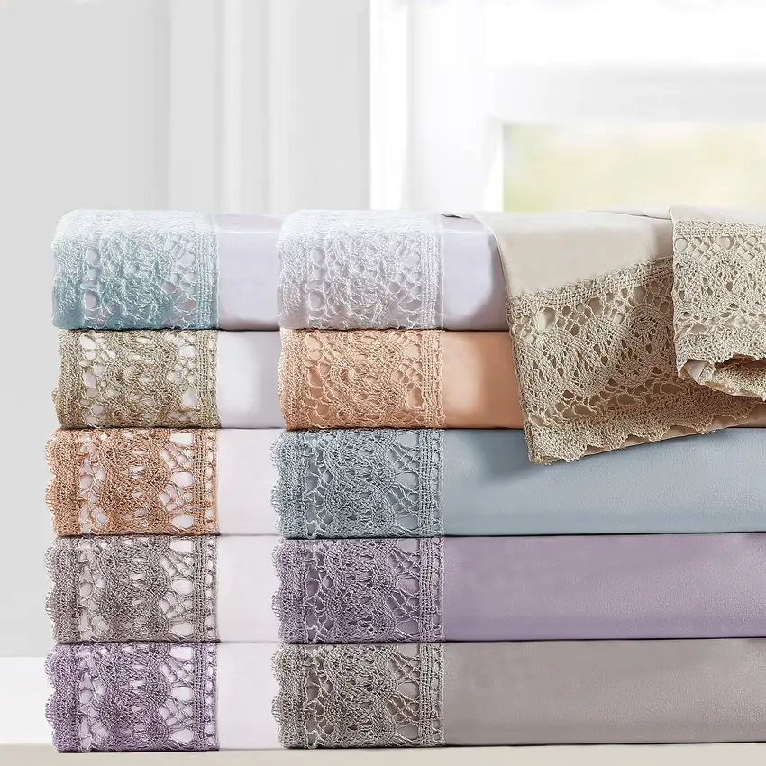 Udine 4 Piece Full Size Microfiber Sheet Set with Crochet Lace The Urban Port, Cream Photo 3