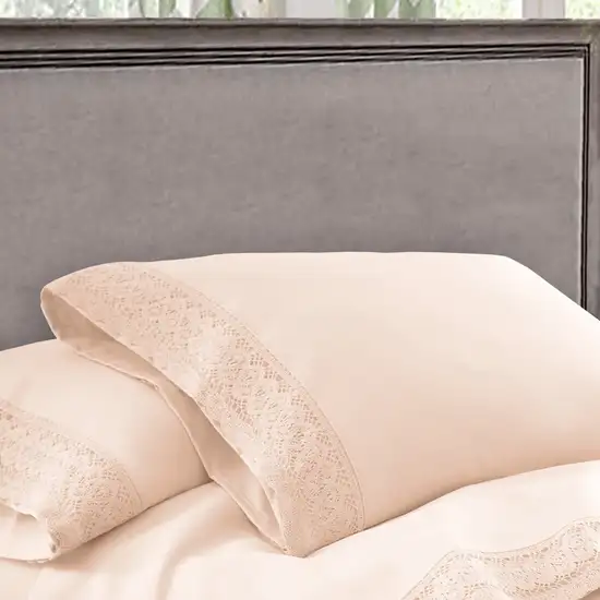 Udine 4 Piece Queen Size Microfiber Sheet Set with Crochet Lace The Urban Port, Pink Photo 6