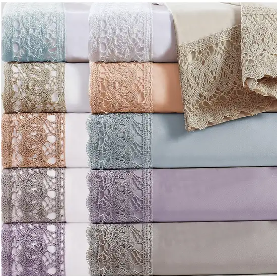 Udine 4 Piece Queen Size Microfiber Sheet Set with Crochet Lace The Urban Port, Gray Photo 3