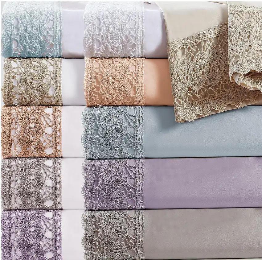 Udine 4 Piece Queen Size Microfiber Sheet Set with Crochet Lace The Urban Port, Gray Photo 3