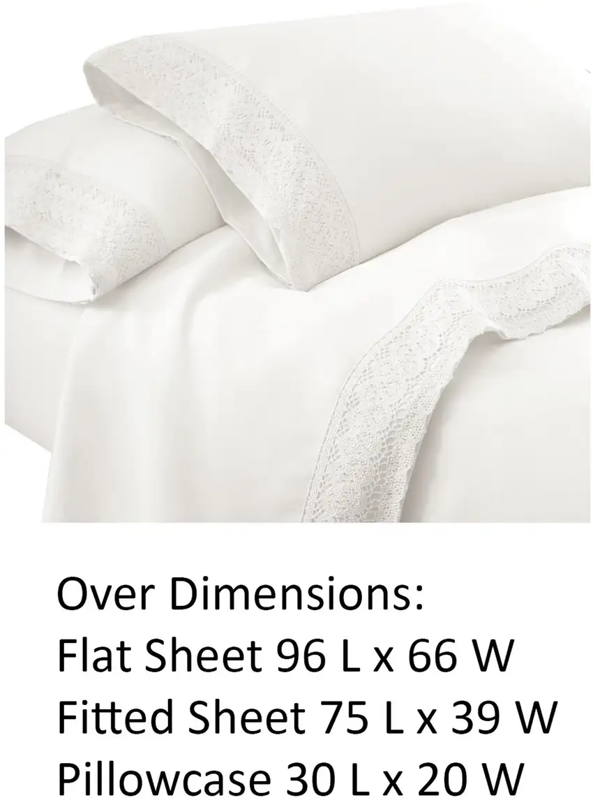 Udine 3 Piece Twin Size Sheet Set with Crochet Lace The Urban Port, White Photo 4