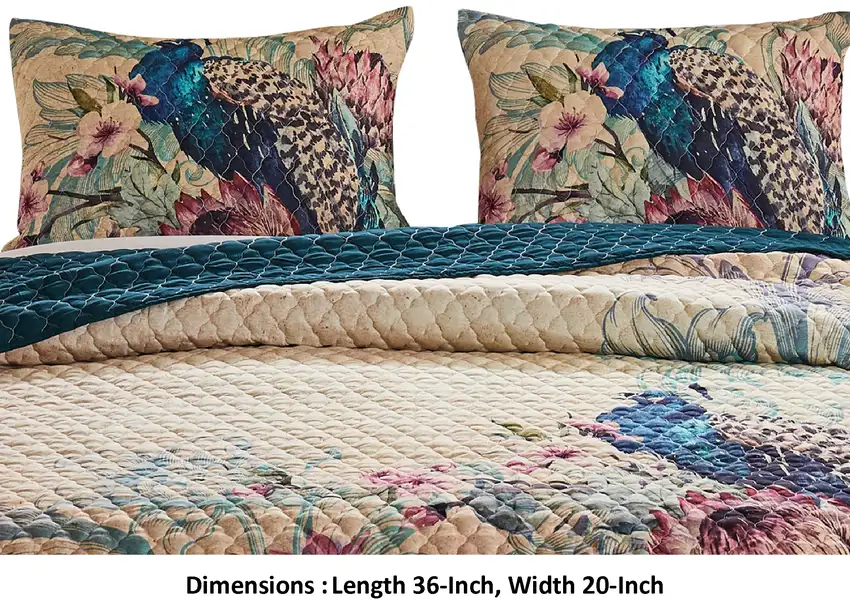 Ufa 36 Inch Quilted King Pillow Sham, Peacock Print, Vermicelli Stitching Photo 5