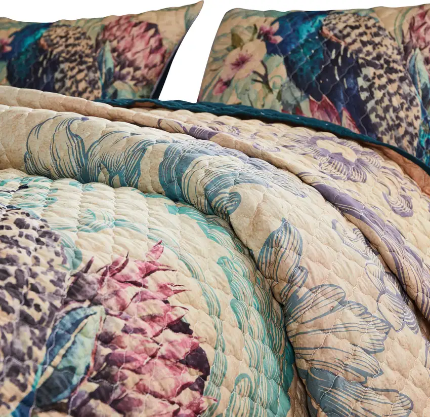 Ufa 36 Inch Quilted King Pillow Sham, Peacock Print, Vermicelli Stitching Photo 3