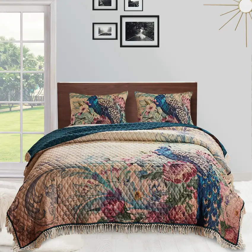 Ufa 36 Inch Quilted King Pillow Sham, Peacock Print, Vermicelli Stitching Photo 6