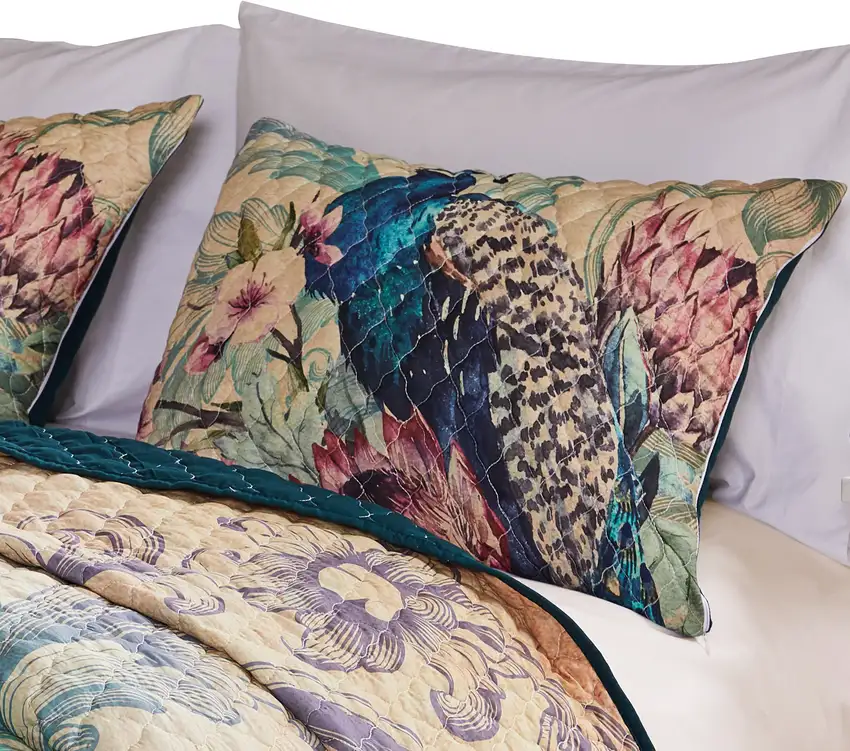 Ufa 36 Inch Quilted King Pillow Sham, Peacock Print, Vermicelli Stitching Photo 1