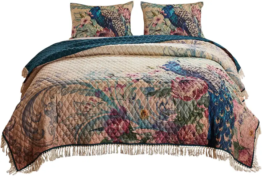 Ufa 36 Inch Quilted King Pillow Sham, Peacock Print, Vermicelli Stitching Photo 4