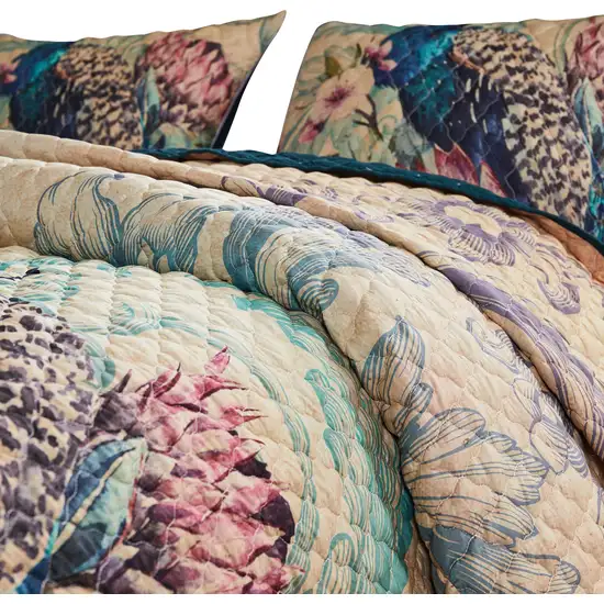 Ufa 36 Inch Quilted King Pillow Sham, Peacock Print, Vermicelli Stitching Photo 3