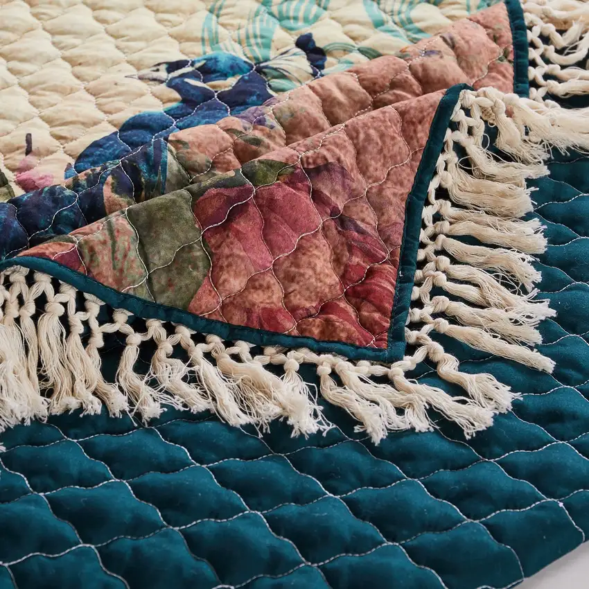 Ufa 60 Inch Quilted Throw Blanket, Blue Microfiber, Peacock, Floral Design Photo 3