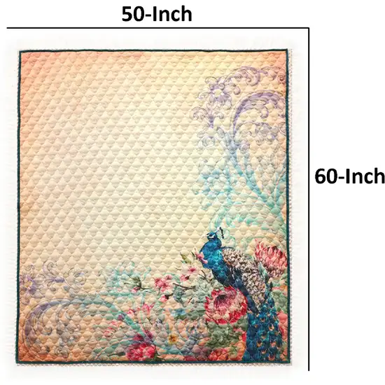 Ufa 60 Inch Quilted Throw Blanket, Blue Microfiber, Peacock, Floral Design Photo 5