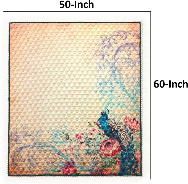 Ufa 60 Inch Quilted Throw Blanket, Blue Microfiber, Peacock, Floral Design Photo 5