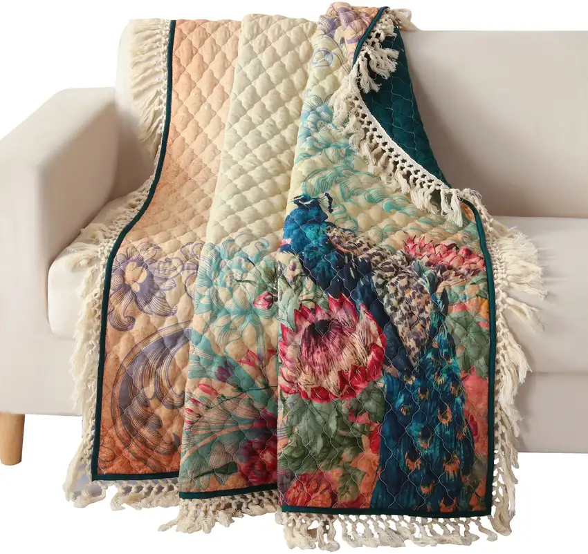 Ufa 60 Inch Quilted Throw Blanket, Blue Microfiber, Peacock, Floral Design Photo 1