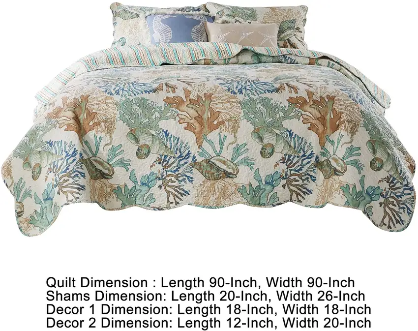 Wade 5 Piece Full Quilt Set, Ocean Design, Scalloped Edges, Floral Pattern Photo 6