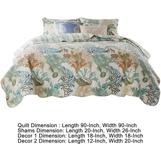 Wade 5 Piece Full Quilt Set, Ocean Design, Scalloped Edges, Floral Pattern Photo 5