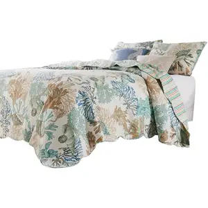 Photo of Wade 5 Piece Full Quilt Set, Ocean Design, Scalloped Edges, Floral Pattern