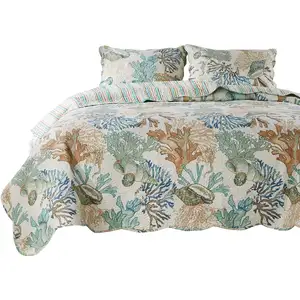 Photo of Wade 5 Piece King Quilt Set, Ocean Design, Scalloped Edges, Floral Pattern