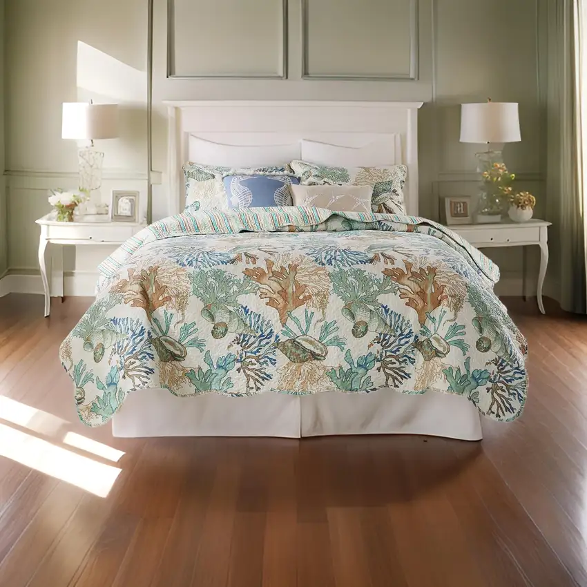 Wade 5 Piece King Quilt Set, Ocean Design, Scalloped Edges, Floral Pattern Photo 7