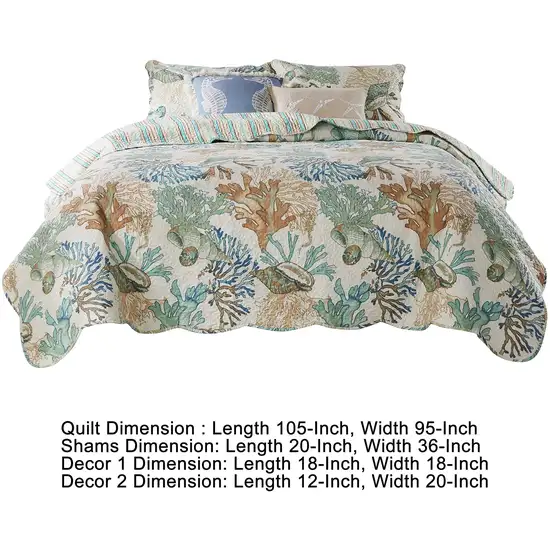 Wade 5 Piece King Quilt Set, Ocean Design, Scalloped Edges, Floral Pattern Photo 5