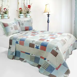 Photo of Wave Point of Stars - 3PC Cotton Vermicelli-Quilted Printed Quilt Set (Full/Queen Size)