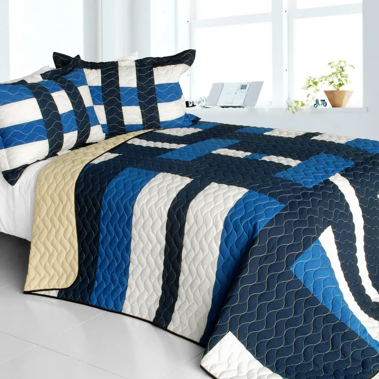 Waves Axero - Vermicelli-Quilted Patchwork Geometric Quilt Set Full/Queen Photo 1