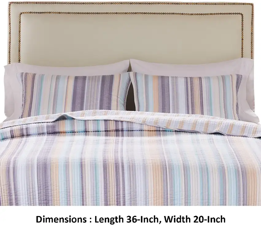 Ysa 36 Inch Quilted King Pillow Sham, Cotton, Reversible Striped Design Photo 5