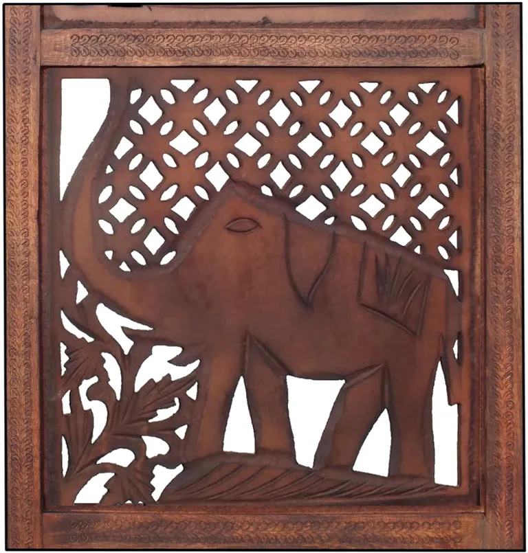 Zofi Hand Carved Elephant Design Foldable 4 Panel Wooden Room Divider, Brown Photo 4