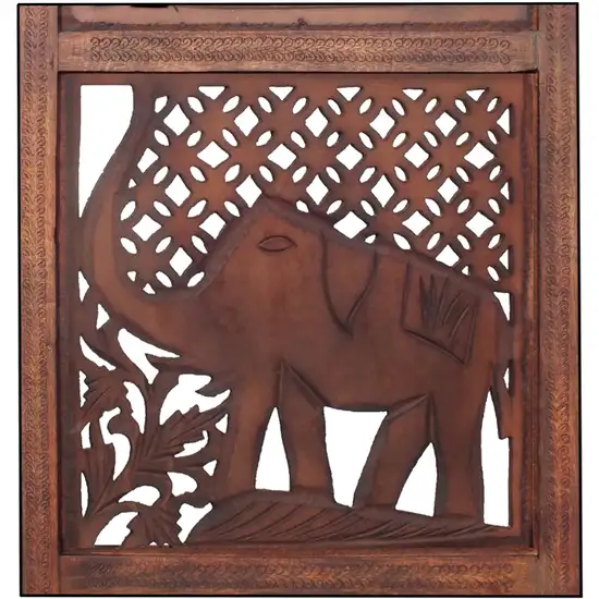Zofi Hand Carved Elephant Design Foldable 4 Panel Wooden Room Divider, Brown Photo 4