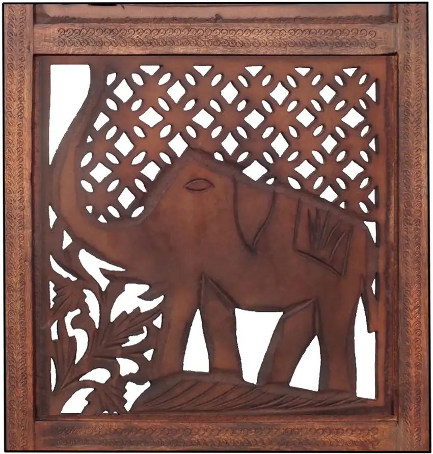 Zofi Hand Carved Elephant Design Foldable 4 Panel Wooden Room Divider, Brown Photo 4