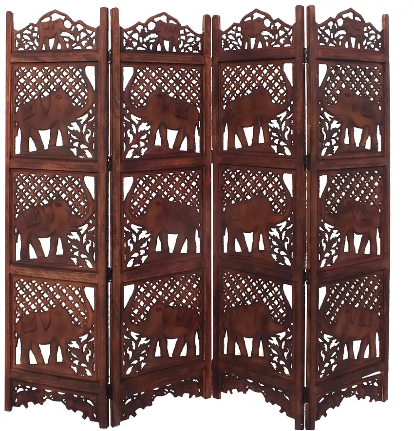 Zofi Hand Carved Elephant Design Foldable 4 Panel Wooden Room Divider, Brown Photo 1