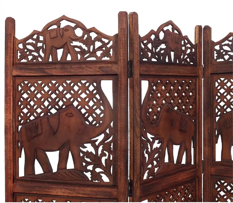 Zofi Hand Carved Elephant Design Foldable 4 Panel Wooden Room Divider, Brown Photo 3
