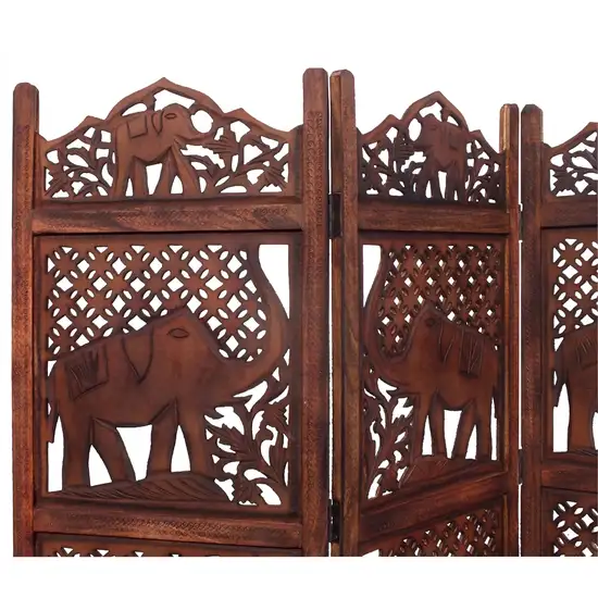 Zofi Hand Carved Elephant Design Foldable 4 Panel Wooden Room Divider, Brown Photo 3