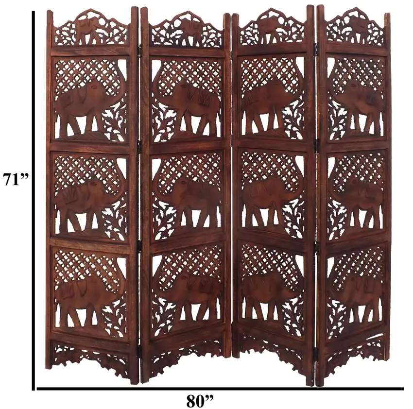 Zofi Hand Carved Elephant Design Foldable 4 Panel Wooden Room Divider, Brown Photo 6