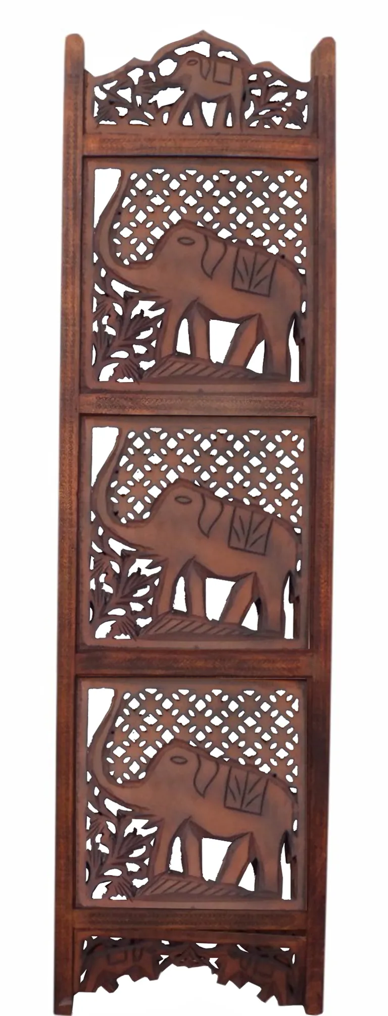 Zofi Hand Carved Elephant Design Foldable 4 Panel Wooden Room Divider, Brown Photo 2