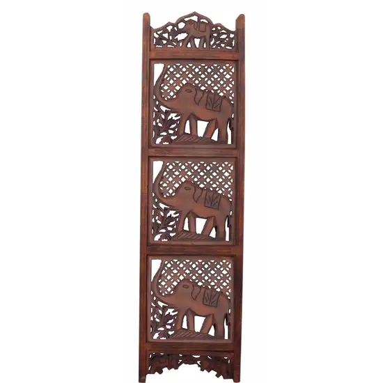 Zofi Hand Carved Elephant Design Foldable 4 Panel Wooden Room Divider, Brown Photo 2