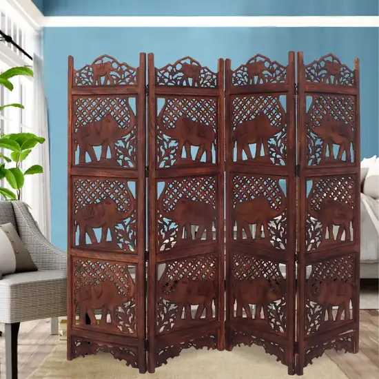 Zofi Hand Carved Elephant Design Foldable 4 Panel Wooden Room Divider, Brown Photo 7