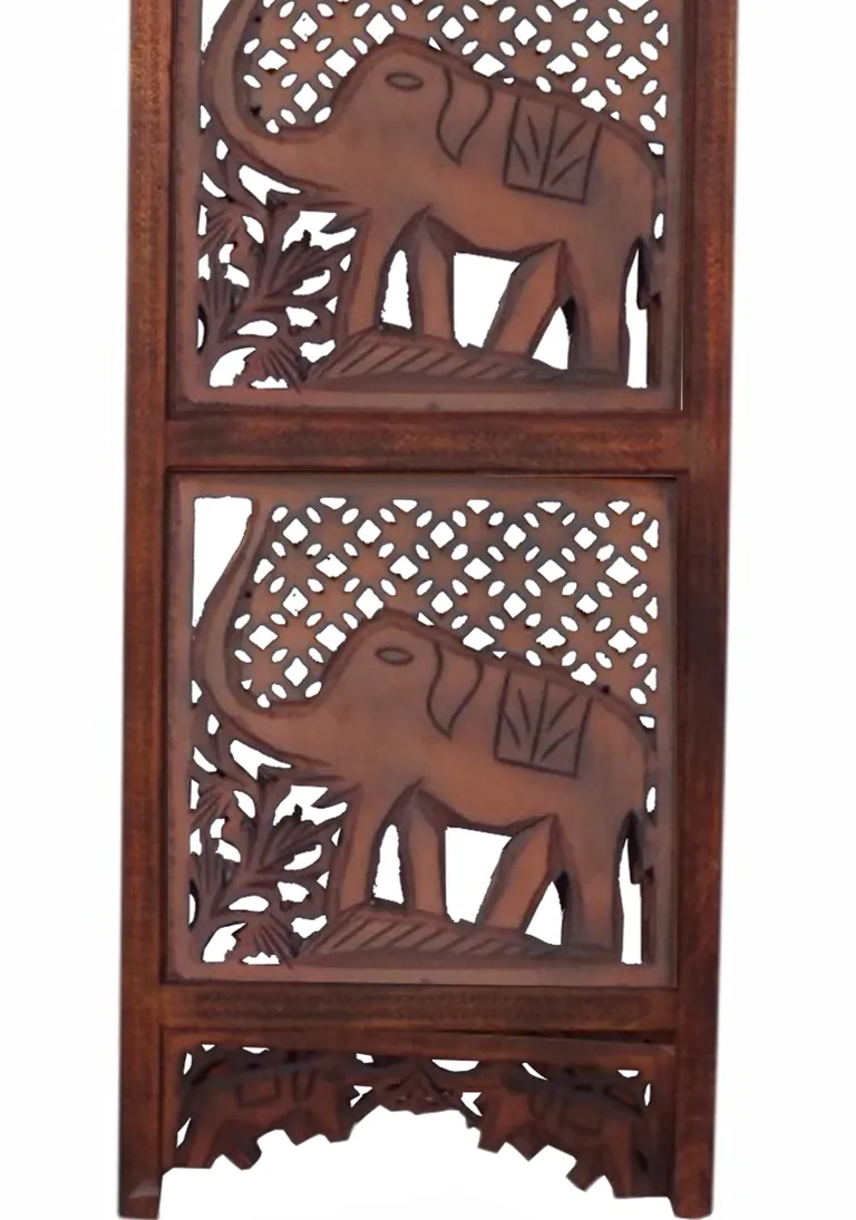 Zofi Hand Carved Elephant Design Foldable 4 Panel Wooden Room Divider, Brown Photo 5