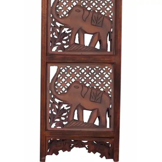 Zofi Hand Carved Elephant Design Foldable 4 Panel Wooden Room Divider, Brown Photo 5